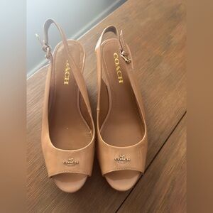 Coach Tan Peep-Toe Slingback Wedges